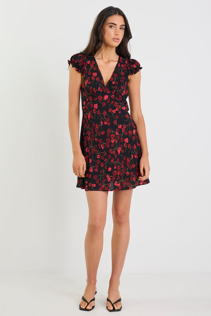 Derry Black Poppy Print Lightweight Cap Sleeve V Neck Mini Dress