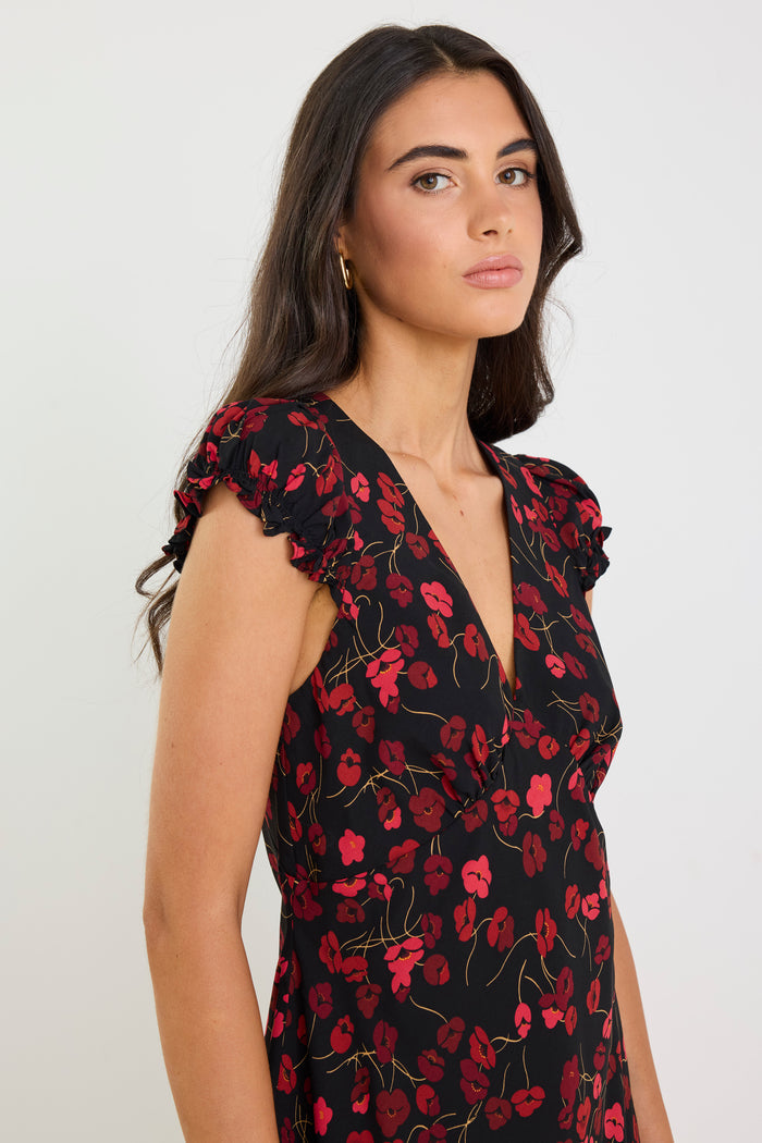 Derry Black Poppy Print Lightweight Cap Sleeve V Neck Mini Dress