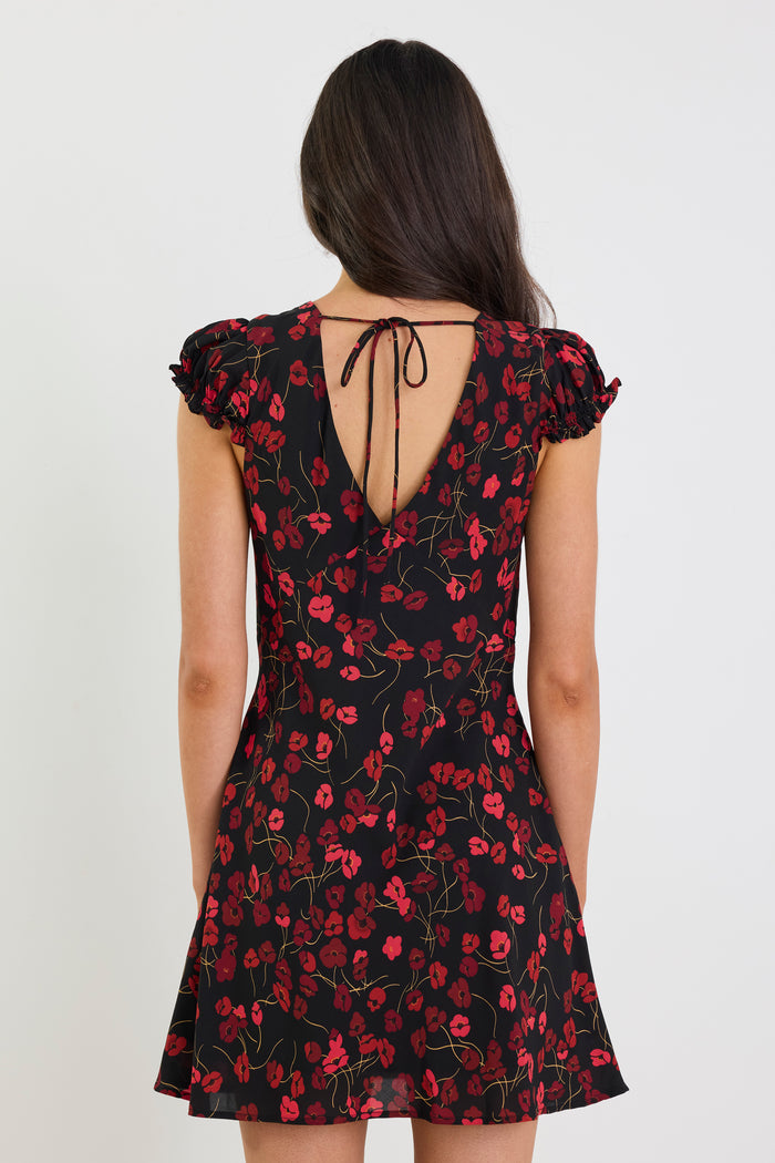 Derry Black Poppy Print Lightweight Cap Sleeve V Neck Mini Dress