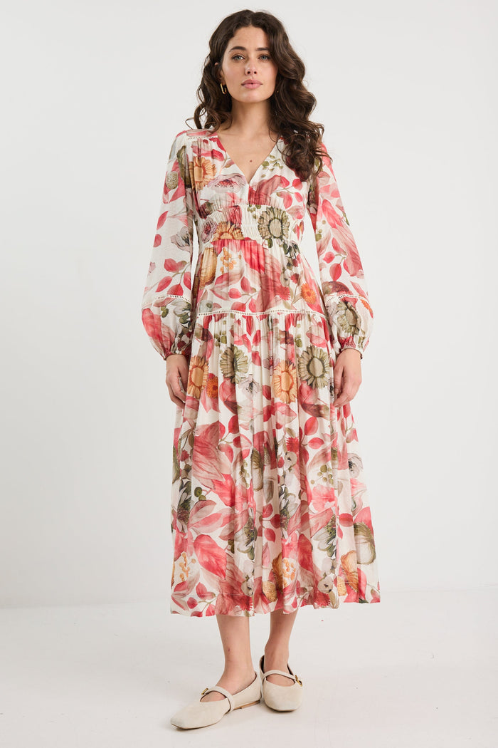 Woman wearing a floral dress on a white background
col_pattern