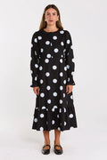 Duska Black Spotty Tiered Hem Midi Dress