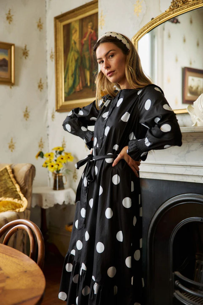 Duska Black Spotty Tiered Hem Midi Dress