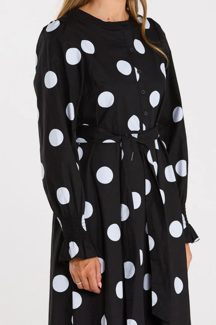 Duska Black Spotty Tiered Hem Midi Dress