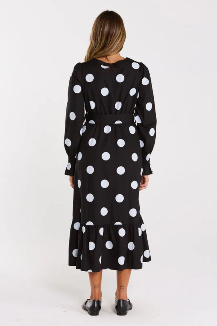 Duska Black Spotty Tiered Hem Midi Dress