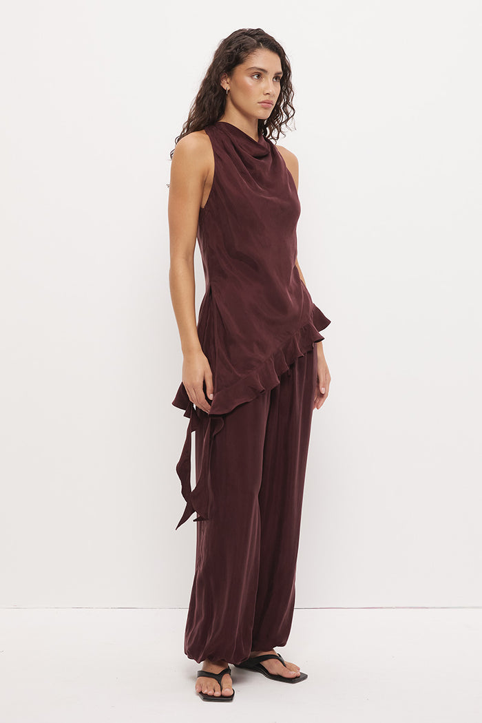 Eadie Chestnut Cowl Neck Asym Hem Ruffle Sleeveless Top