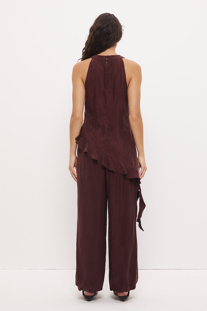 Eadie Chestnut Cowl Neck Asym Hem Ruffle Sleeveless Top