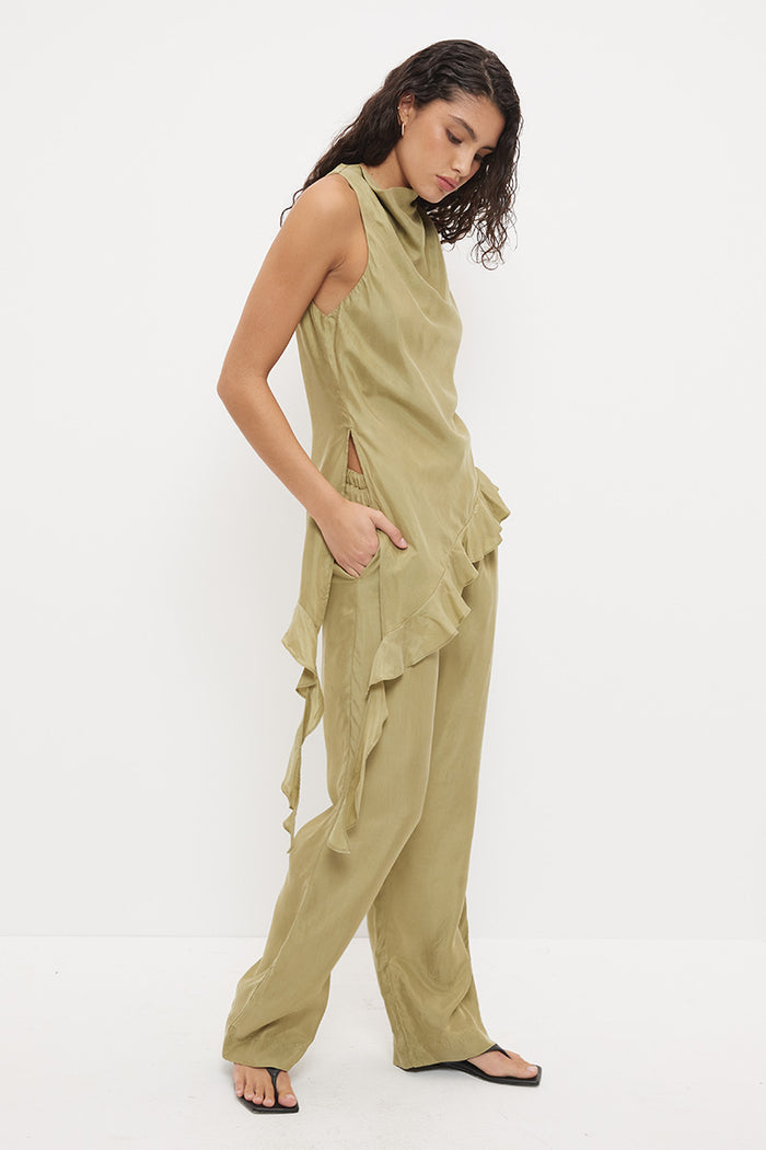 Eadie Olive Cowl Neck Asym Hem Ruffle Sleeveless Top