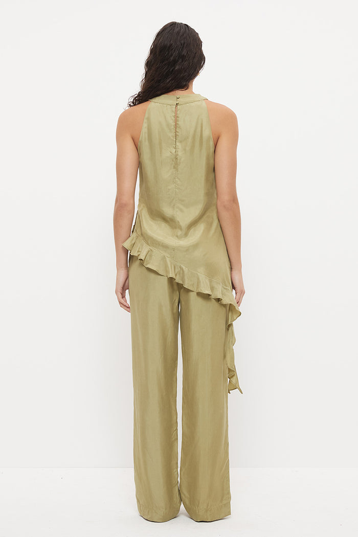 Eadie Olive Cowl Neck Asym Hem Ruffle Sleeveless Top