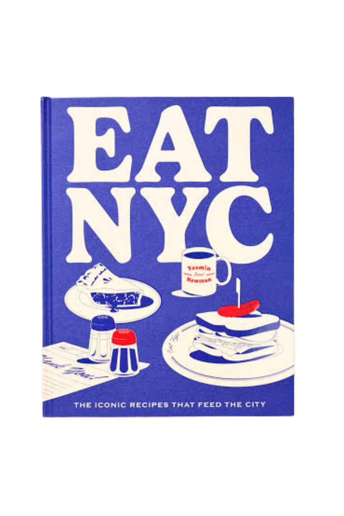 The book cover of 'Eat NYC' is shown against a plain white background. The cover features a bold blue background with large white text reading 'EAT NYC' and stylized illustrations of food and a coffee cup near the bottom.
