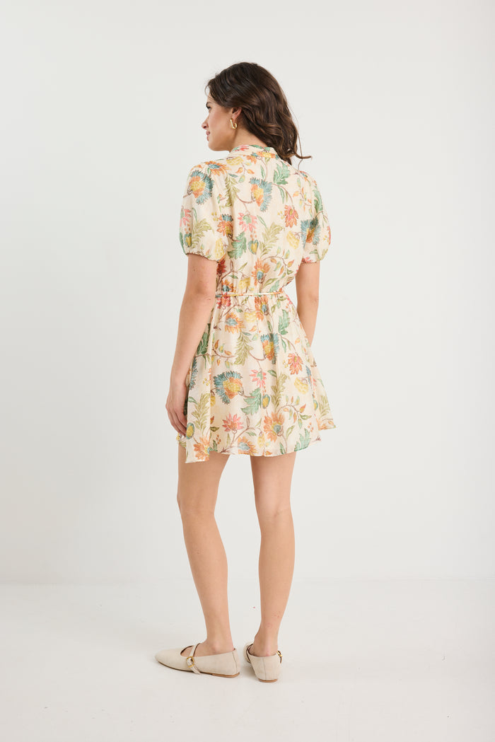 Eclipse Peach Bloom Short Puff Sleeve Button Front Mini Dress