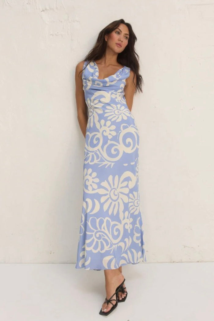 Eden Blue Floral Cowl Neck Sleeveless Dress