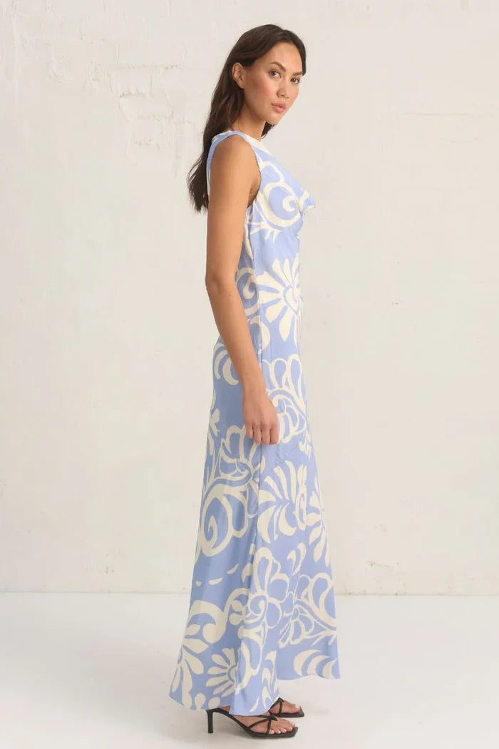 Eden Blue Floral Cowl Neck Sleeveless Dress