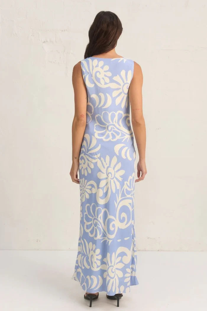 Eden Blue Floral Cowl Neck Sleeveless Dress
