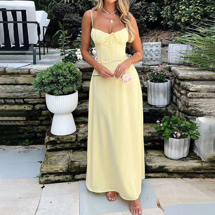 Elegant lace-up A-line solid color long dress