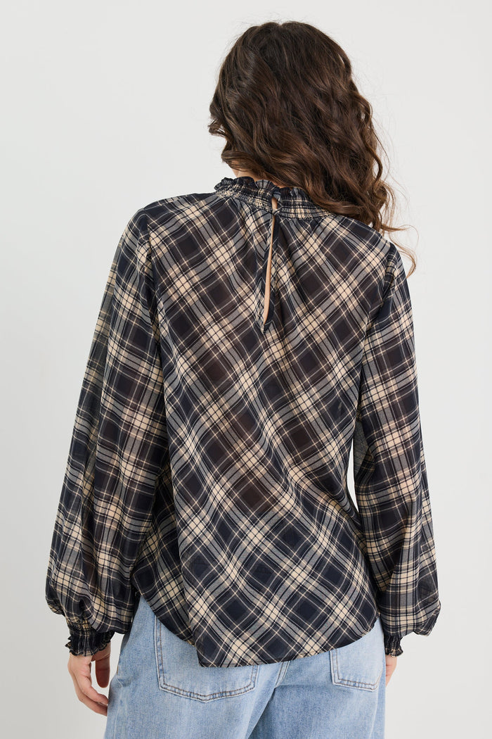 Person wearing a plaid shirt and jeans from behind on a plain background