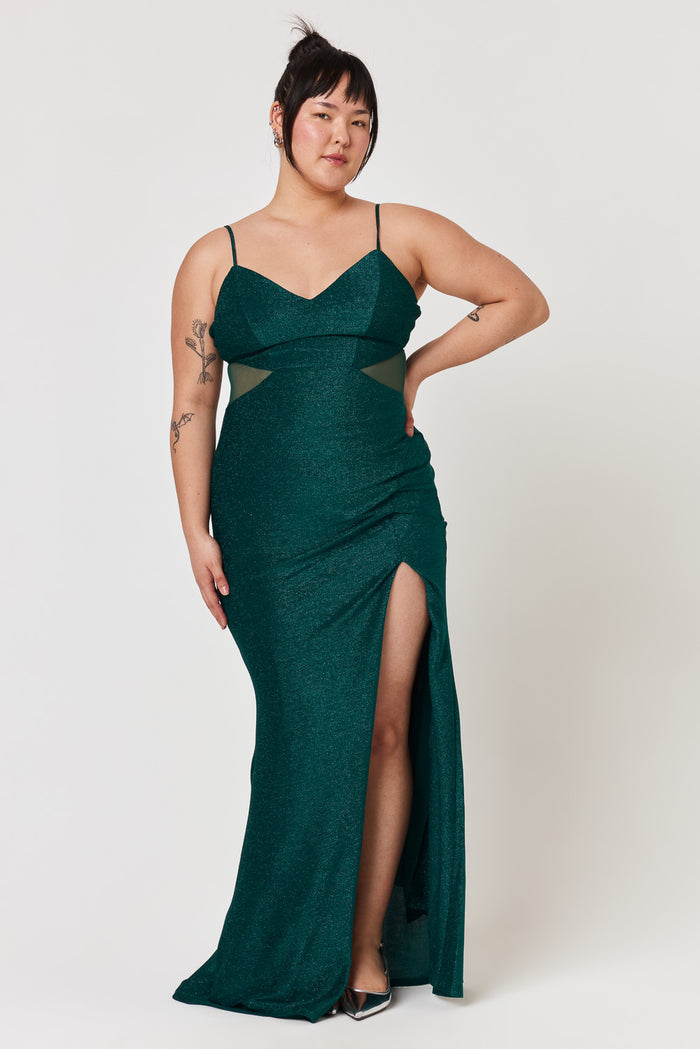 Emerald Mesh Cut Out Gown - Trixxi Clothing