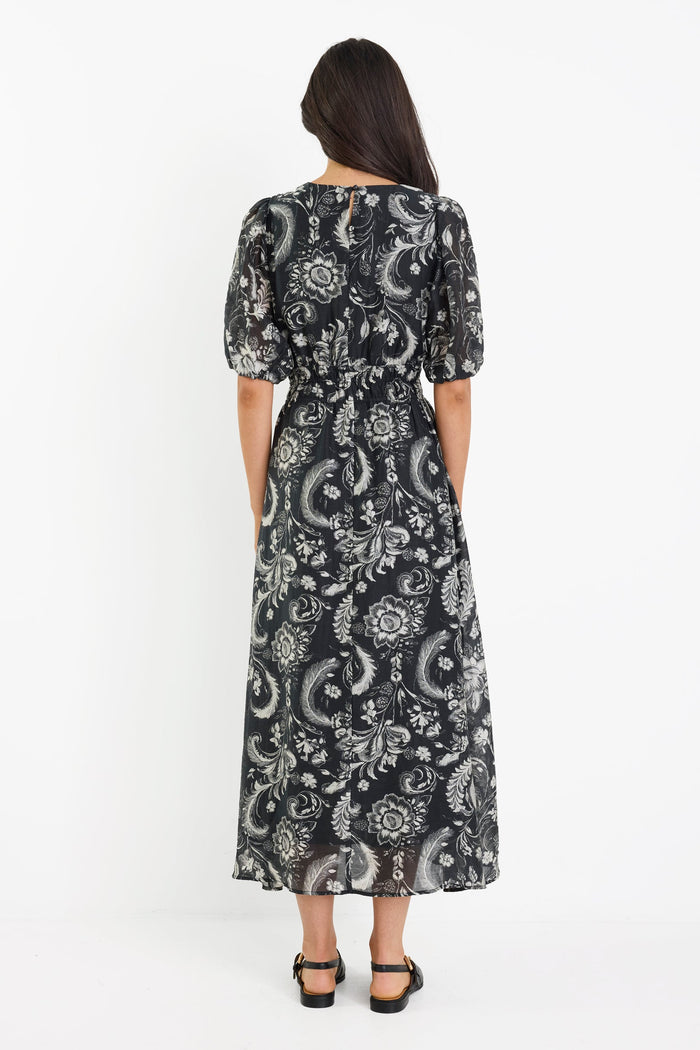 Empress Black Scrolling Foliage SS Flared Maxi Dress