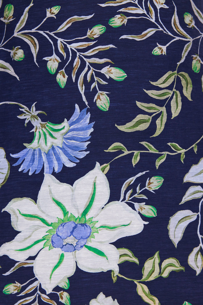 Floral pattern with blue and white flowers on a dark blue background