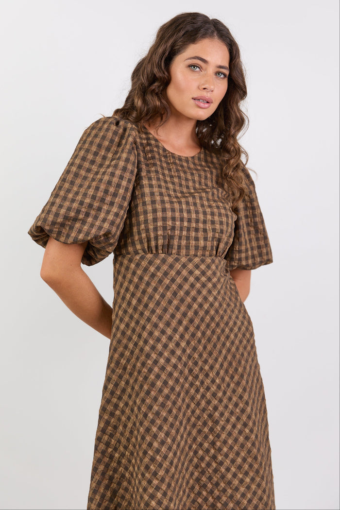 Woman wearing a brown checkered dress against a white background