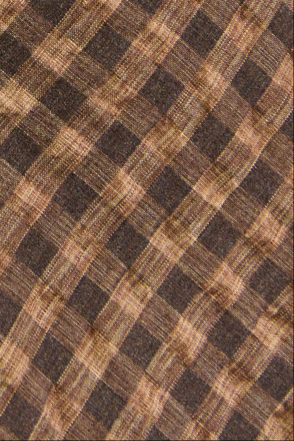 Close-up of a person wearing a brown and black checkered dress with puffed sleeves.
