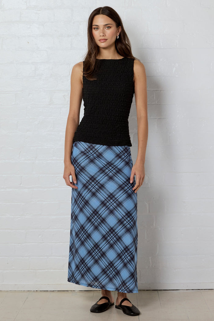 Enlighten Blue Check Mesh Maxi Skirt