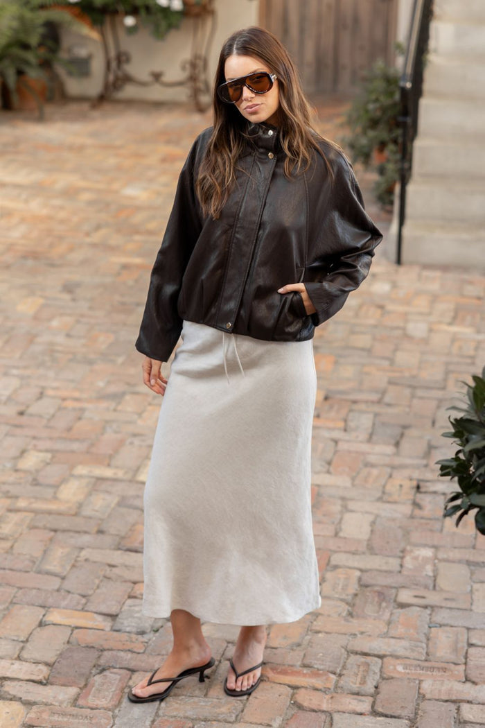 Ensemble Chocolate Faux Leather Funnel Neck Zip Through Bomber Jacket