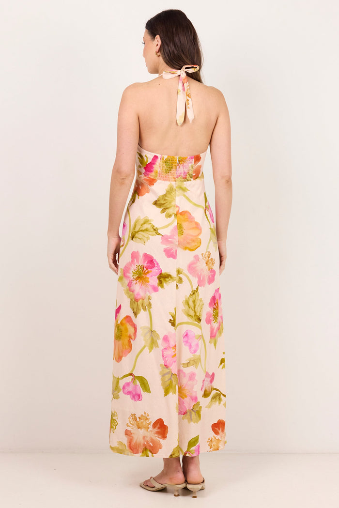 Escapism Pink Floral Tie Neck Halter Maxi Dress
