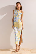 Model wears a yellow blue ruched dress