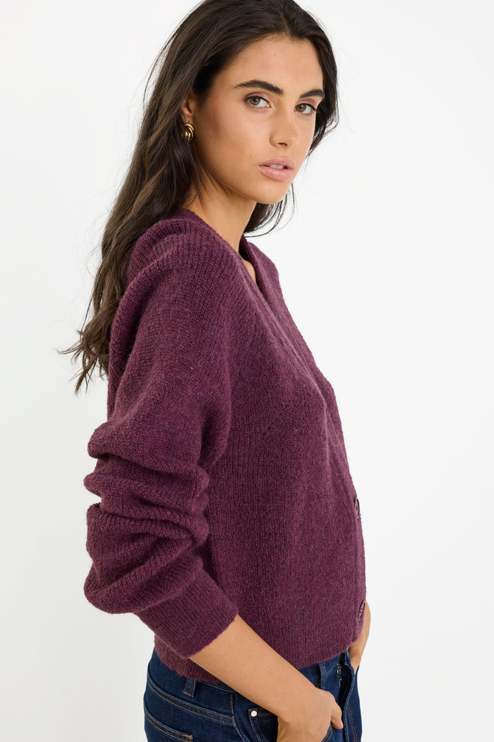Essence Plum V Neck Rib Knit Cardigan
