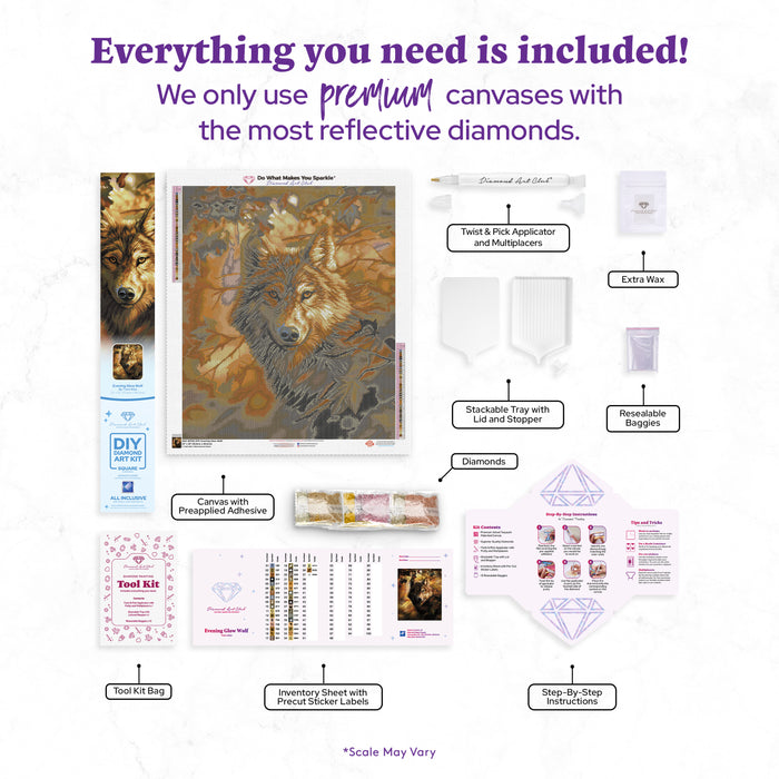 Diamond Painting Evening Glow Wolf 22" x 26" (55.8cm x 66cm) / Square with 37 Colors including 1 AB and 2 Fairy Dust Diamonds / 59,360