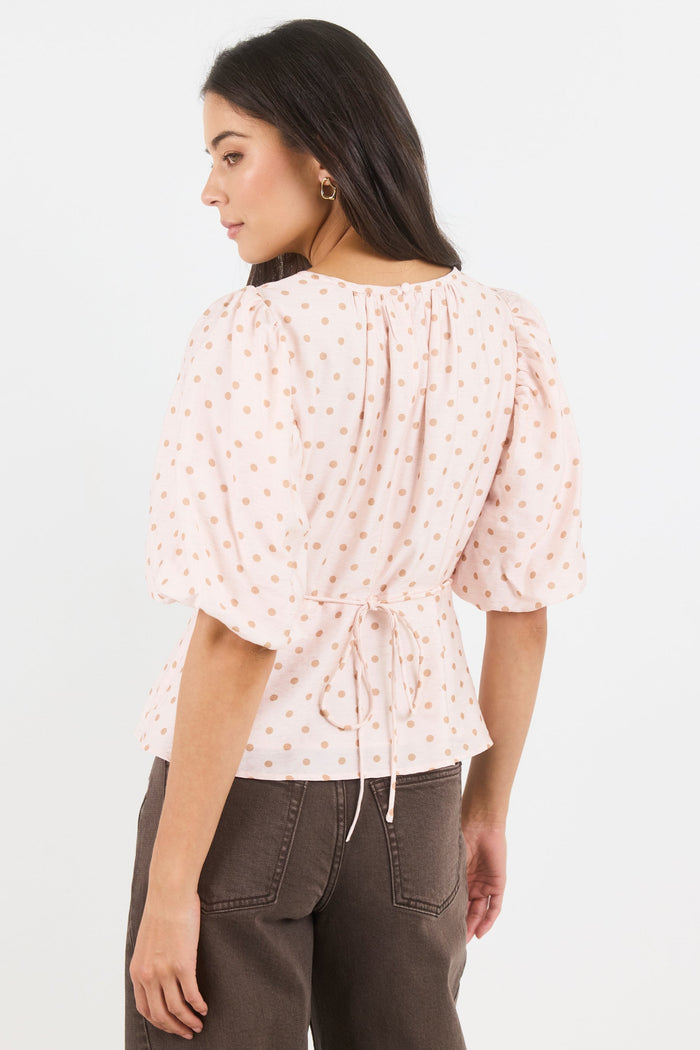 Eventual Blush Polka Dot Mid Sleeve Fit and Flare Top