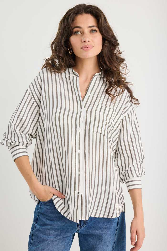 Exalted Green Stripe Linen Viscose Oversized Shirt