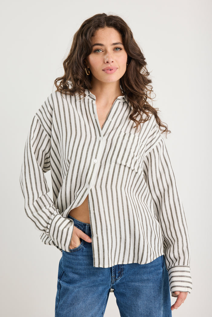 Exalted Green Stripe Linen Viscose Oversized Shirt