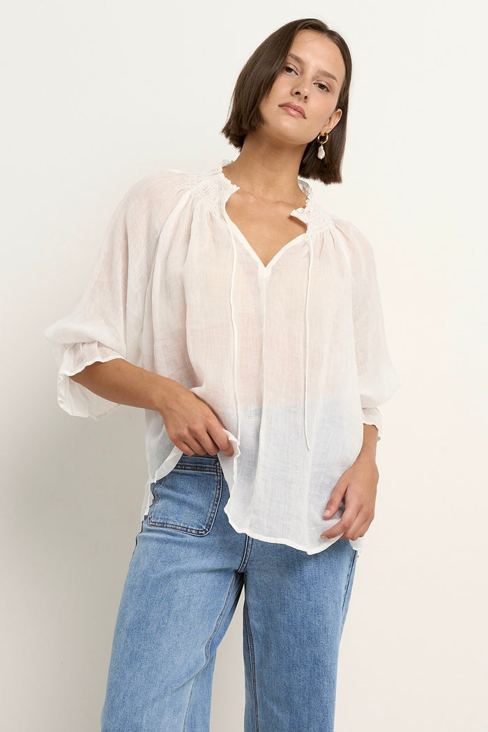 model wears a white blouse with light blue jeans
col_pattern