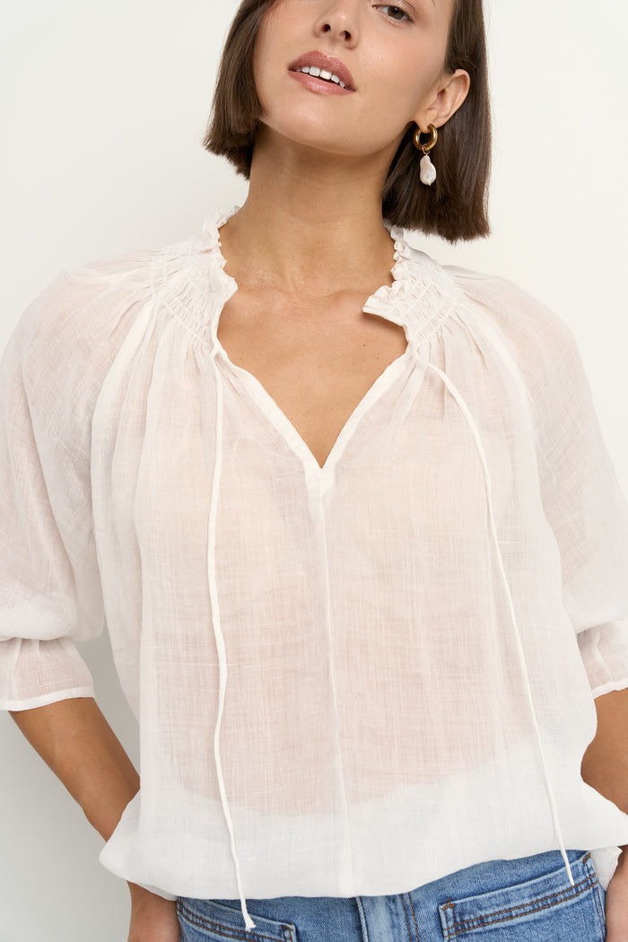 model wears a white blouse with light blue jeans