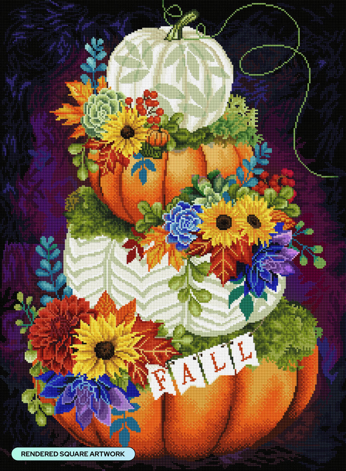 Diamond Painting Fall Pumpkin Stack 22" x 30" (55.8cm x 75.9cm) / Square with 85 Colors including 3 ABs and 2 Fairy Dust Diamonds / 68,320