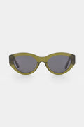 Sunglasses with green frame and dark lenses on a white background