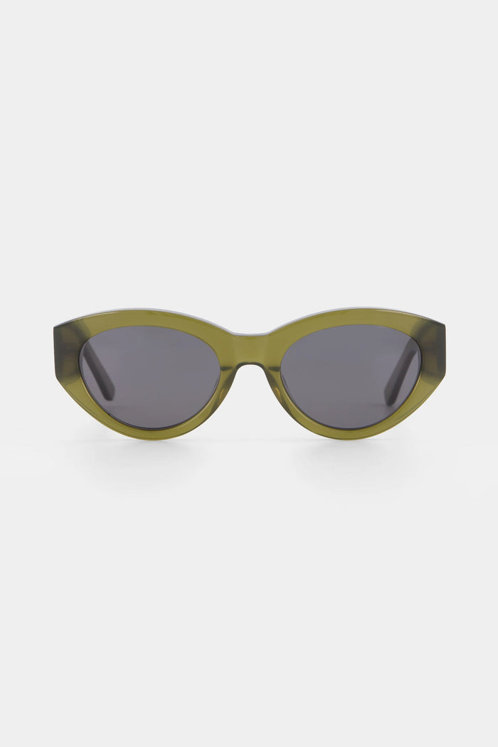 Sunglasses with green frame and dark lenses on a white background