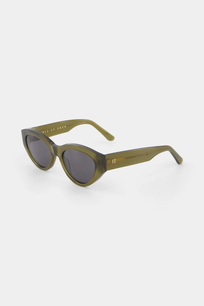 Green sunglasses with dark lenses on a white background