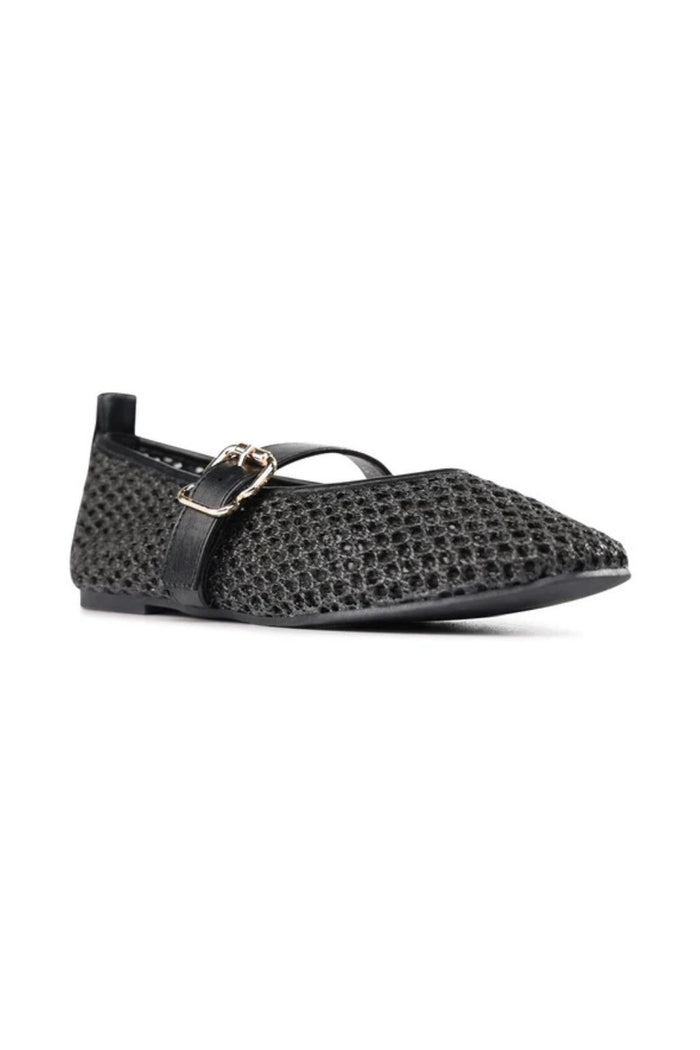 A single black pointed-toe flats with a textured, openwork mesh-like upper and a thin strap across the instep with a small gold-tone buckle, shown on a plain white background.