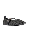 A single black pointed-toe flats with a textured, openwork mesh-like upper and a thin strap across the instep with a small gold-tone buckle, shown on a plain white background.
