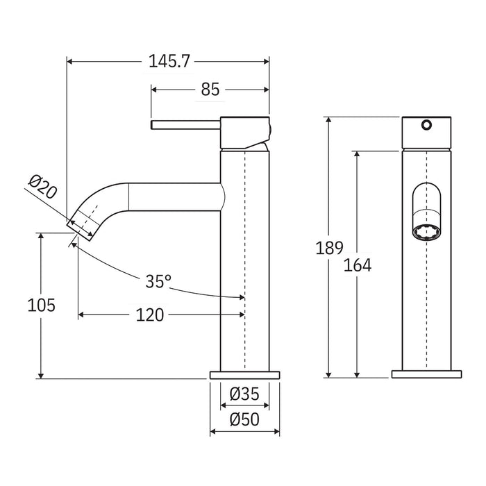 Technical Drawing Fienza Kaya Basin Mixer Gun Metal 228103GM-LF - The Blue Space