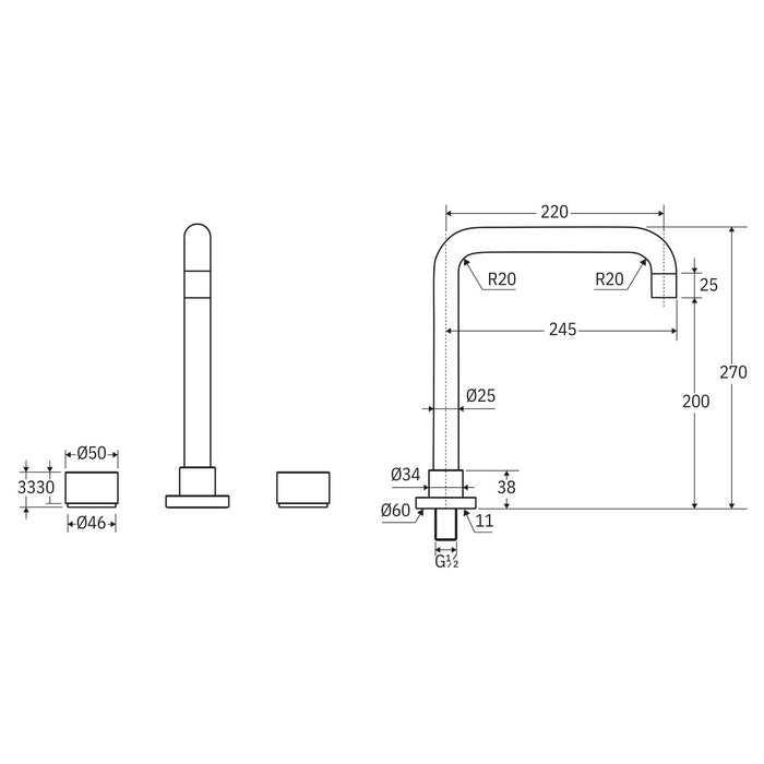 Technical Drawing Fienza Kaya Round Taps Squareline Hob Outlet Set Brushed Nickel 338106BN-LF - The Blue Space