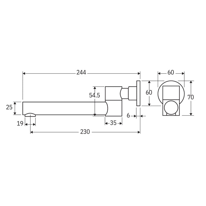 Technical Drawing Fienza Kaya Swivel Wall Basin/Bath 230mm Outlet Brushed Copper 228125CO-LF - The Blue Space