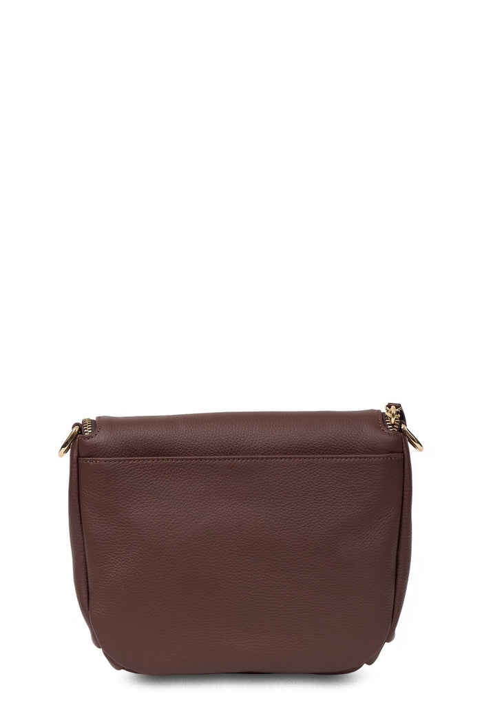 Brown leather handbag with gold zipper on a white background