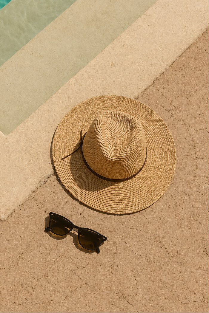A straw sun hat and black sunglasses resting on a beige stone poolside surface next to turquoise water.