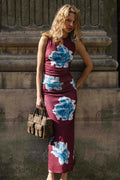 Fiorella Wine Blue Floral Mesh Sleeveless Midi Dress