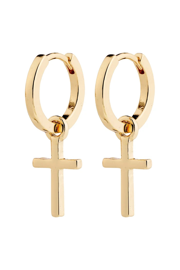 Gold hoop earrings with cross pendants on a white background