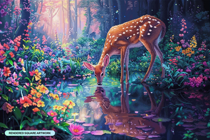Diamond Painting Forest Deer Drinking 41.3" x 27.6" (104.8cm x 69.9cm) / Square with 77 Colors including 3 ABs and 5 Fairy Dust Diamonds / 118,301