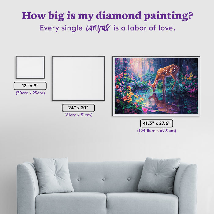 Diamond Painting Forest Deer Drinking 41.3" x 27.6" (104.8cm x 69.9cm) / Square with 77 Colors including 3 ABs and 5 Fairy Dust Diamonds / 118,301